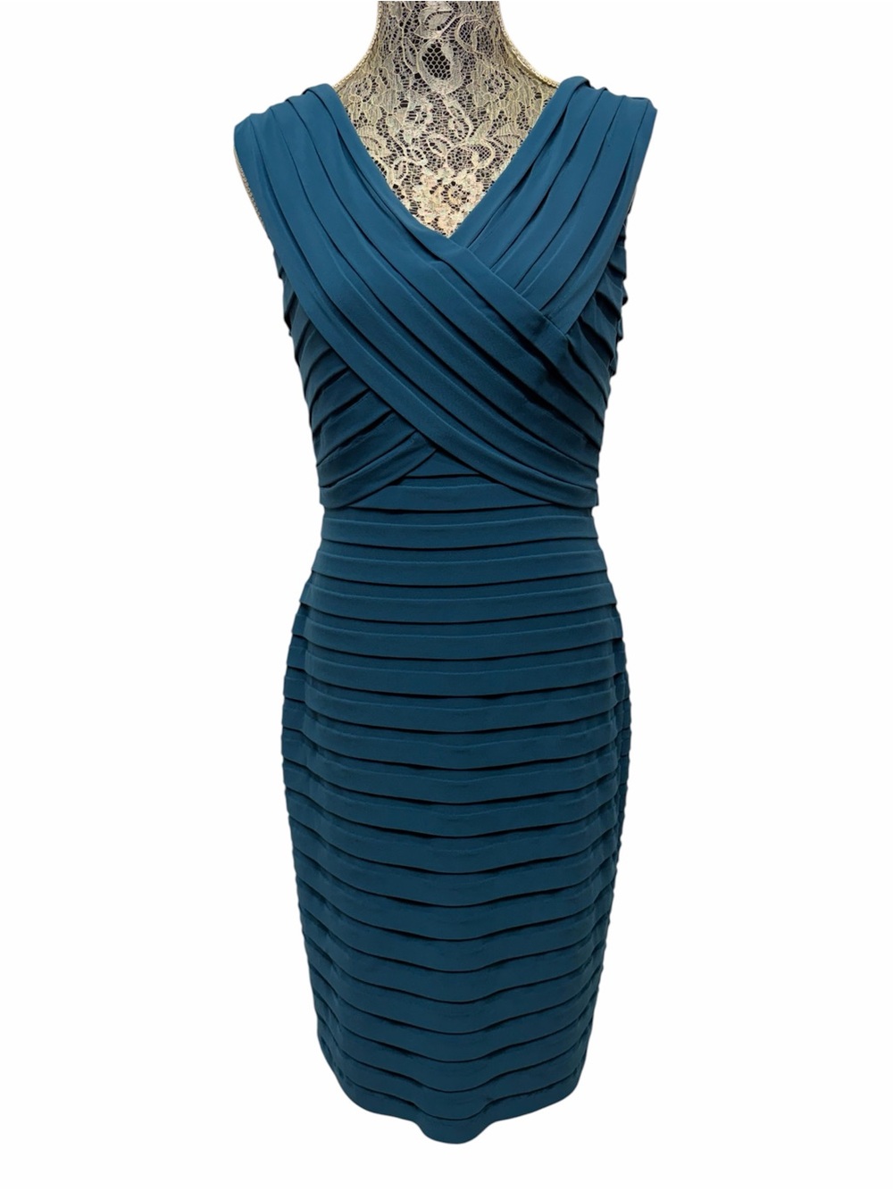 Adrianna Papell 12 Teal Blue Shutter Pleat V Neck Sheath Cocktail Midi Dress NWT